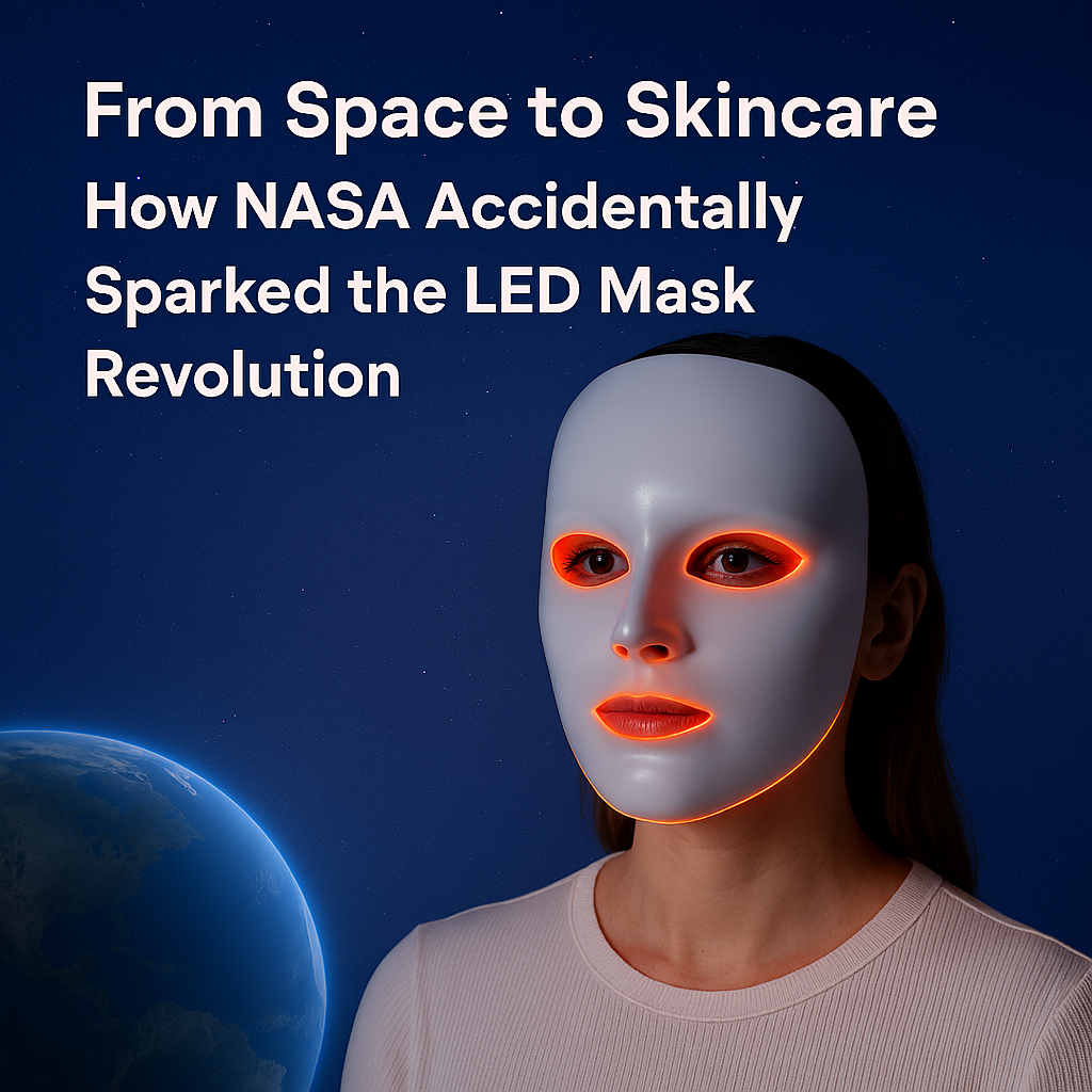 woman with adverto beauty led mask on with earth symboling how led masks were created by NASA