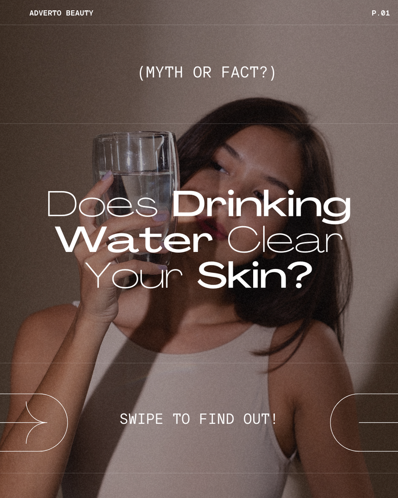 Young woman holding a glass of water, smiling in natural light—symbolizing hydration and healthy skin for adverto beauty