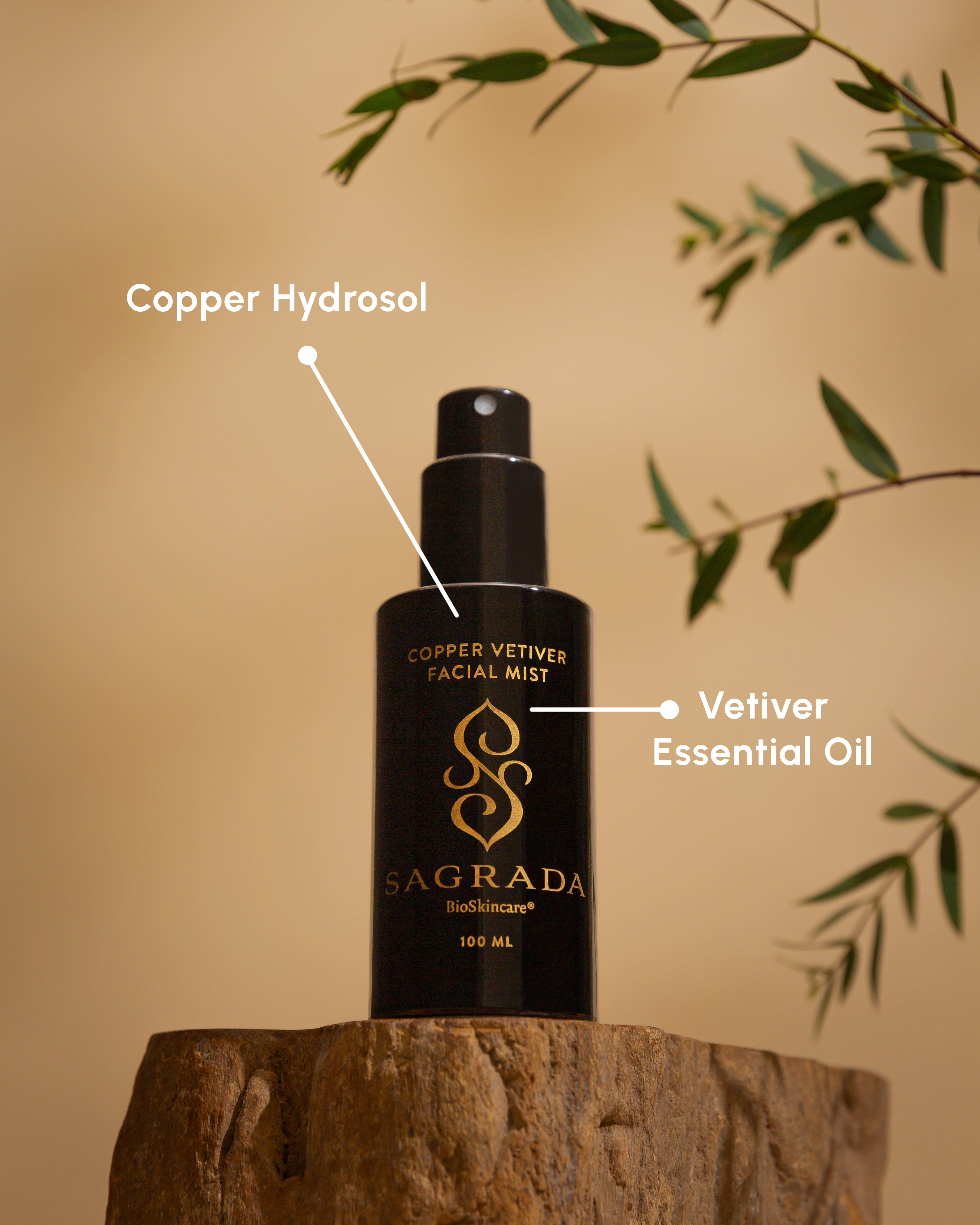 A black Sagrada BioSkincare spray bottle labeled "Sagrada Copper Vetiver Face Mist – Awaken, Balance, & Renew" rests on wood, with leaves blurred behind it. Its modern formula features Copper Hydrosol and Vetiver Essential Oil.