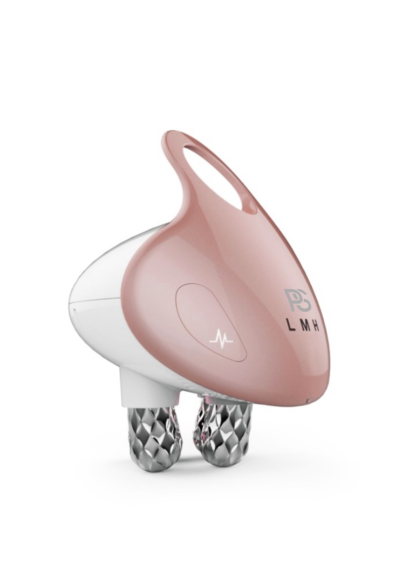 Facial skincare device with rose gold and white design, featuring buttons and handle.