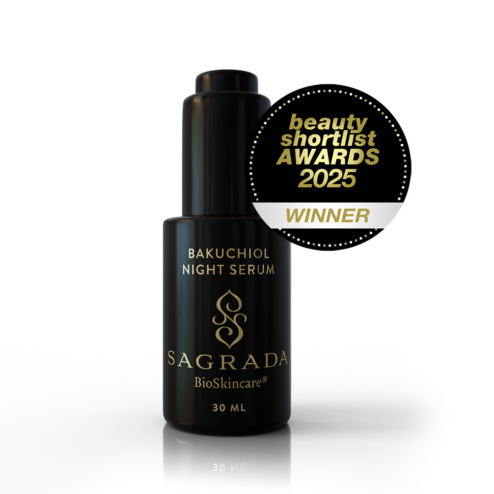 A black bottle labeled "Sagrada Night Bakuchiol Serum - Gentle Alternative To Retinol" by Sagrada BioSkincare sits beside a "Beauty Shortlist Awards 2025 Winner" badge, showcasing this botanical blend on a white background.