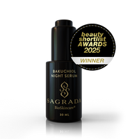 A black bottle labeled "Sagrada Night Bakuchiol Serum - Gentle Alternative To Retinol" by Sagrada BioSkincare sits beside a "Beauty Shortlist Awards 2025 Winner" badge, showcasing this botanical blend on a white background.
