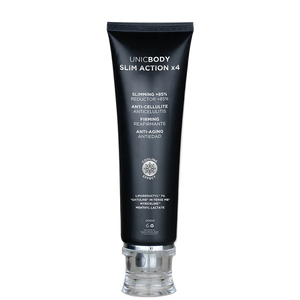 A tube of Adverto Beauty UNICBODY Slim Action x4 High Tech Multi-Action Body Contour & Shaping Cream, in black and silver, stands upright against a white background, highlighting its firming and cellulite-reducing benefits.