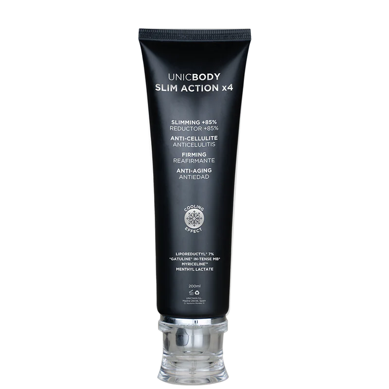 A tube of Adverto Beauty UNICBODY Slim Action x4 High Tech Multi-Action Body Contour & Shaping Cream, in black and silver, stands upright against a white background, highlighting its firming and cellulite-reducing benefits.