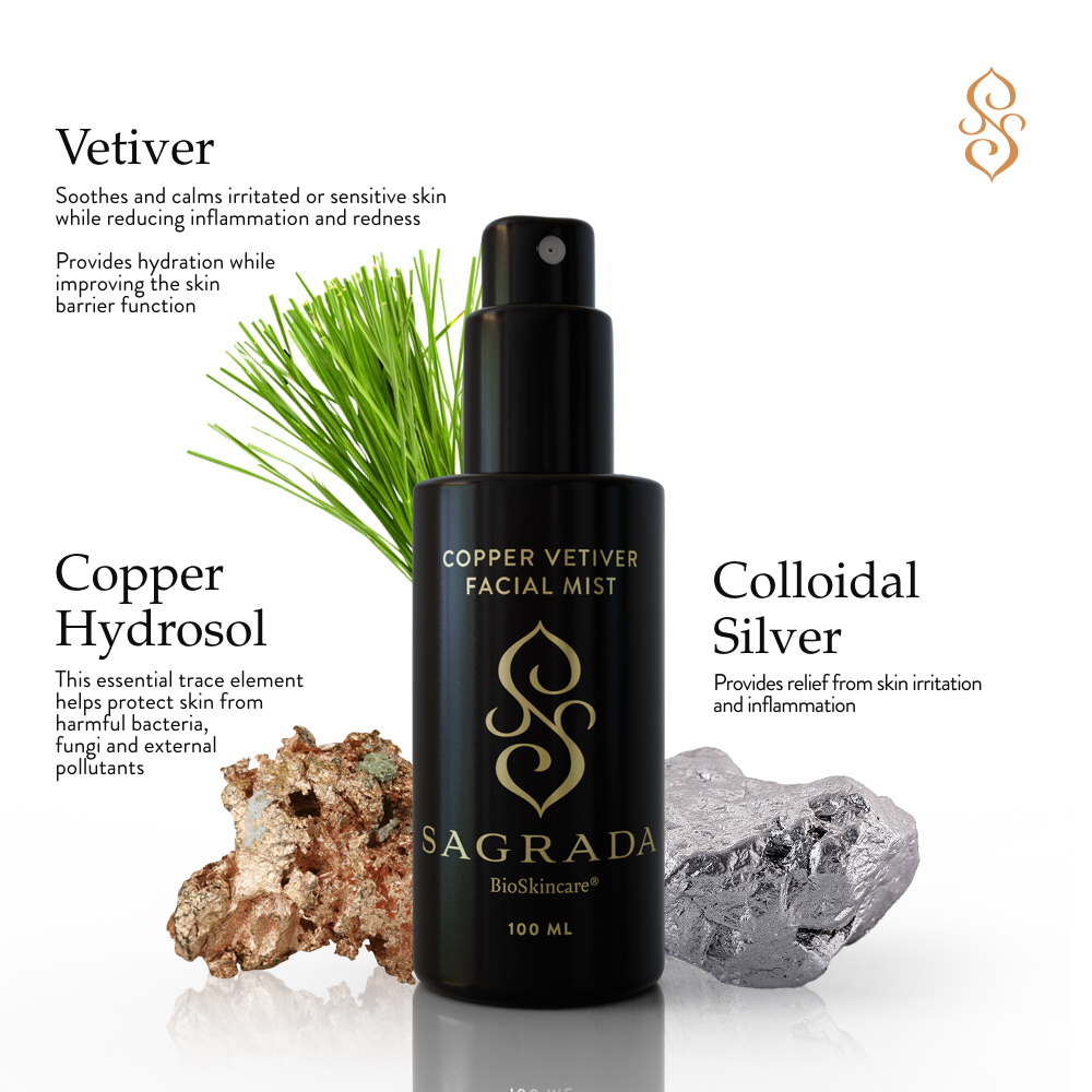 Sagrada Copper Vetiver Face Mist by Sagrada BioSkincare—awaken, balance, and renew your skin with a soothing, hydrating mist inspired by vetiver grass and copper, ideal for modern skincare enthusiasts.