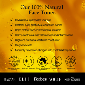 An infographic for Sagrada Copper Vetiver Face Mist – Awaken, Balance, & Renew by Sagrada BioSkincare highlights modern skincare benefits: 100% natural, ethical sourcing, cruelty-free, handmade, and pregnancy-safe on a golden background. Features icons and media logos.