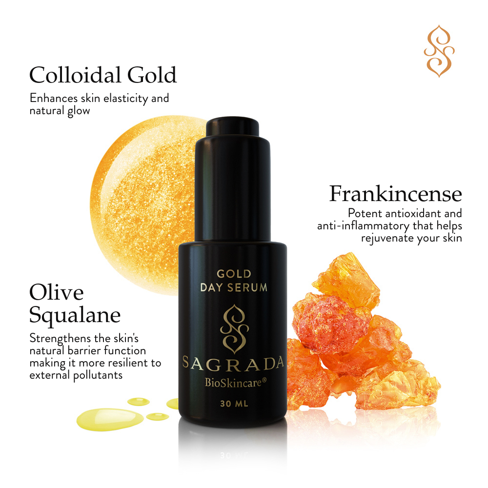 Sagrada BioSkincare’s Sagrada Day Gold Serum - Radiance Boosting Elixir features colloidal gold for elasticity, frankincense for skin rejuvenation, and olive squalane to protect the barrier, with Helichrysum essential oil.