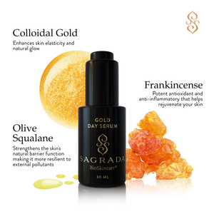 Sagrada BioSkincare’s Sagrada Day Gold Serum - Radiance Boosting Elixir features colloidal gold for elasticity, frankincense for skin rejuvenation, and olive squalane to protect the barrier, with Helichrysum essential oil.