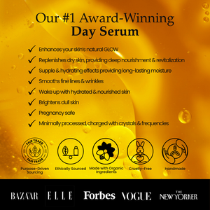 Vibrant yellow graphic for Sagrada BioSkincare’s award-winning Sagrada Day Gold Serum – Radiance Boosting Elixir with Helichrysum and colloidal gold. Glow-enhancing, hydrating, wrinkle-reducing; organic, cruelty-free, handmade, pregnancy safe. Magazine logos below.