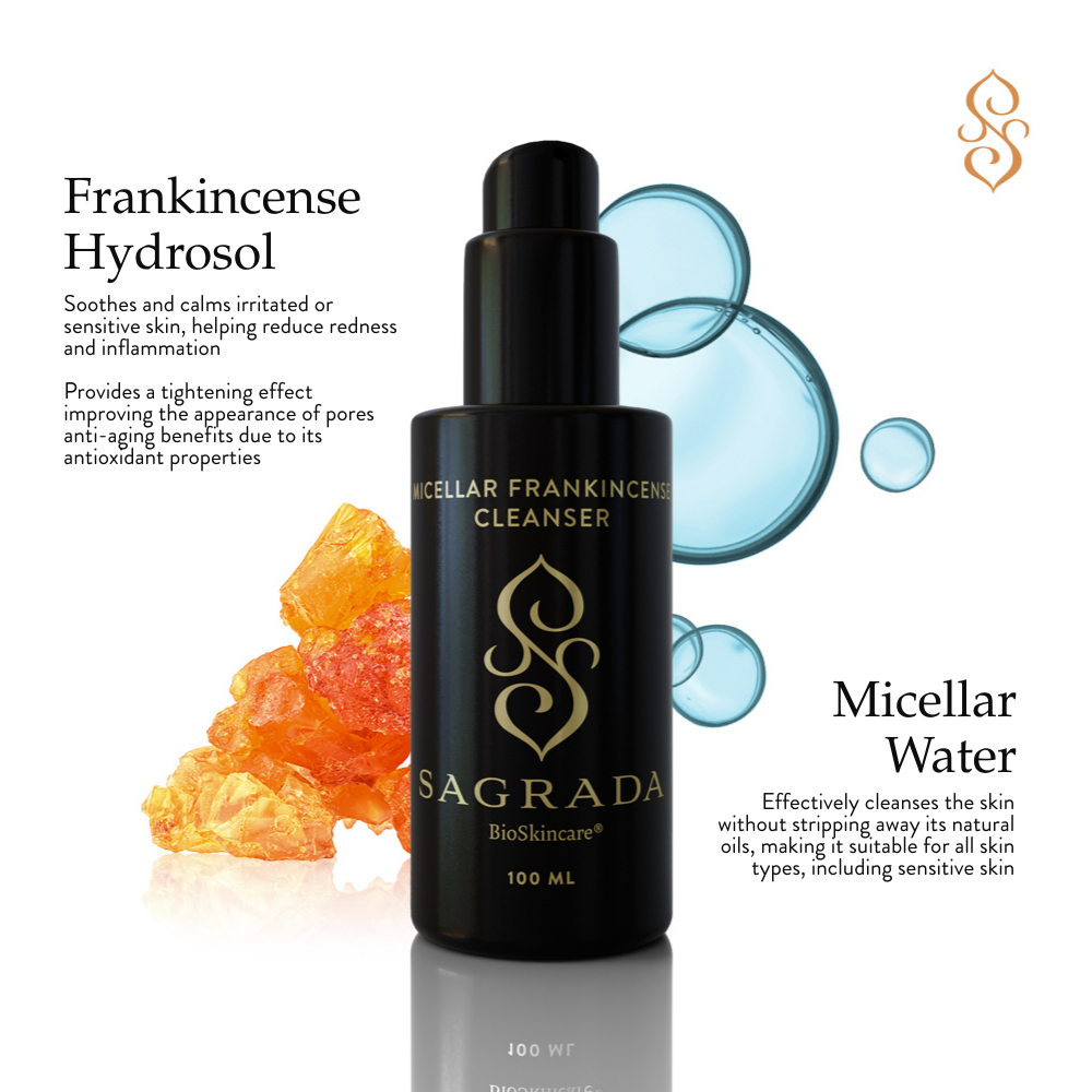 A black Sagrada BioSkincare bottle labeled "Sagrada Micellar Frankincense Cleanser - Deep Cleanser For Delicate Skin" is centered, surrounded by blue water bubbles, orange frankincense resin, and hints of hydrosol and micellar technology benefits.