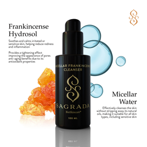 A black Sagrada BioSkincare bottle labeled "Sagrada Micellar Frankincense Cleanser - Deep Cleanser For Delicate Skin" is centered, surrounded by blue water bubbles, orange frankincense resin, and hints of hydrosol and micellar technology benefits.