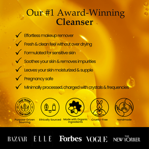 A promo graphic for Sagrada BioSkincare’s award-winning Sagrada Micellar Frankincense Cleanser highlights micellar technology, frankincense hydrosol, effortless makeup removal, pregnancy safety, and ethical, organic, cruelty-free icons.