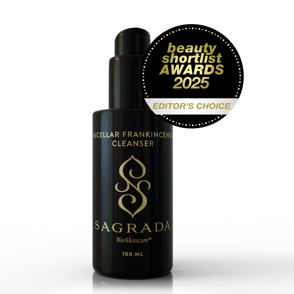 A black bottle of Sagrada BioSkincare's Sagrada Micellar Frankincense Cleanser - Deep Cleanser For Delicate Skin, with gold text, stands beside a gold and black "beauty shortlist AWARDS 2025 EDITOR'S CHOICE" badge.