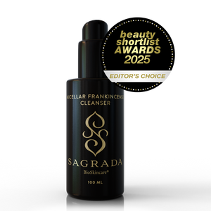 A black bottle of Sagrada BioSkincare's Sagrada Micellar Frankincense Cleanser - Deep Cleanser For Delicate Skin, with gold text, stands beside a gold and black "beauty shortlist AWARDS 2025 EDITOR'S CHOICE" badge.