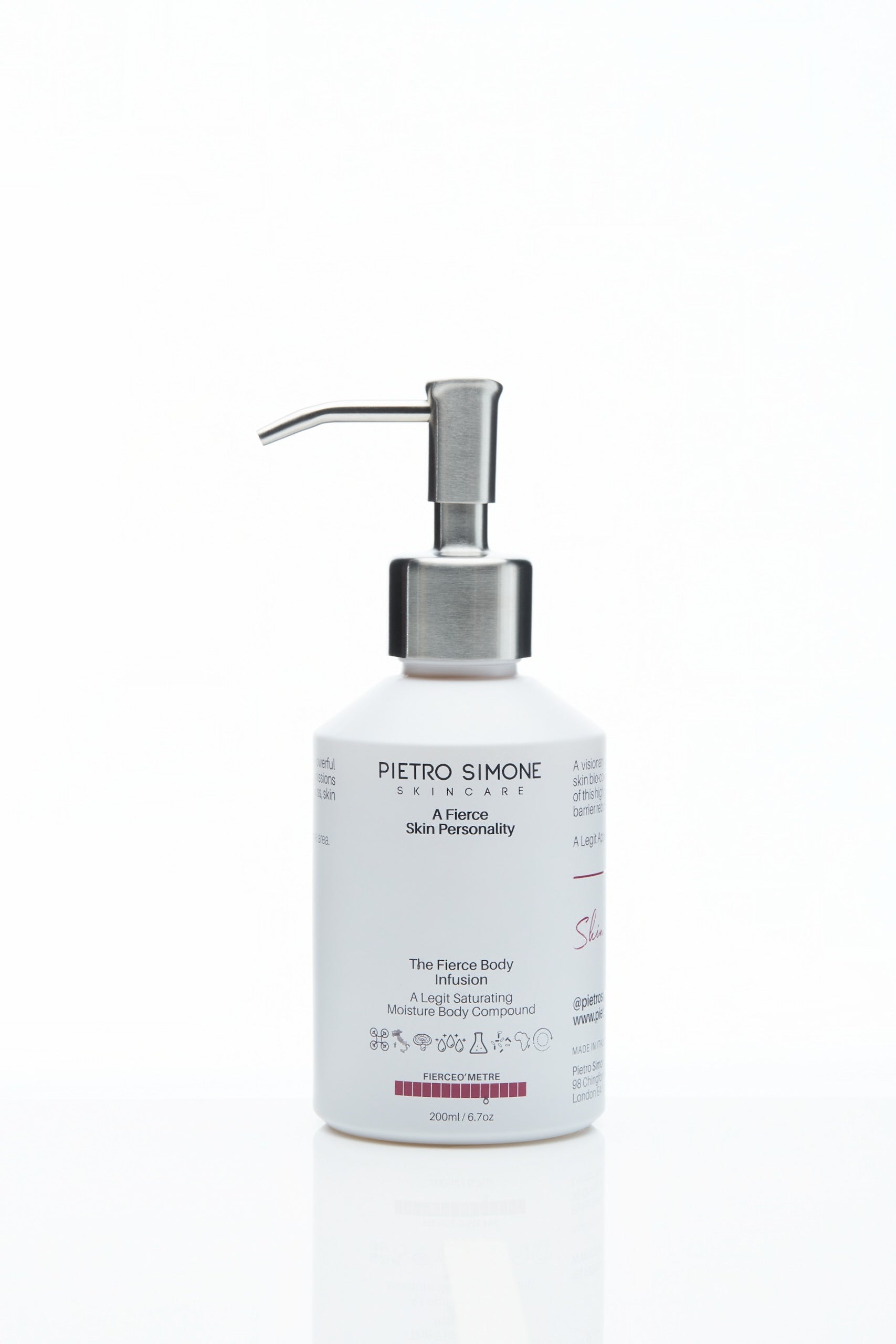 Bottle of Pietro Simone Fierce Body Infusion – high-performance body skincare emulsion for firming, hydration, and barrier repair
