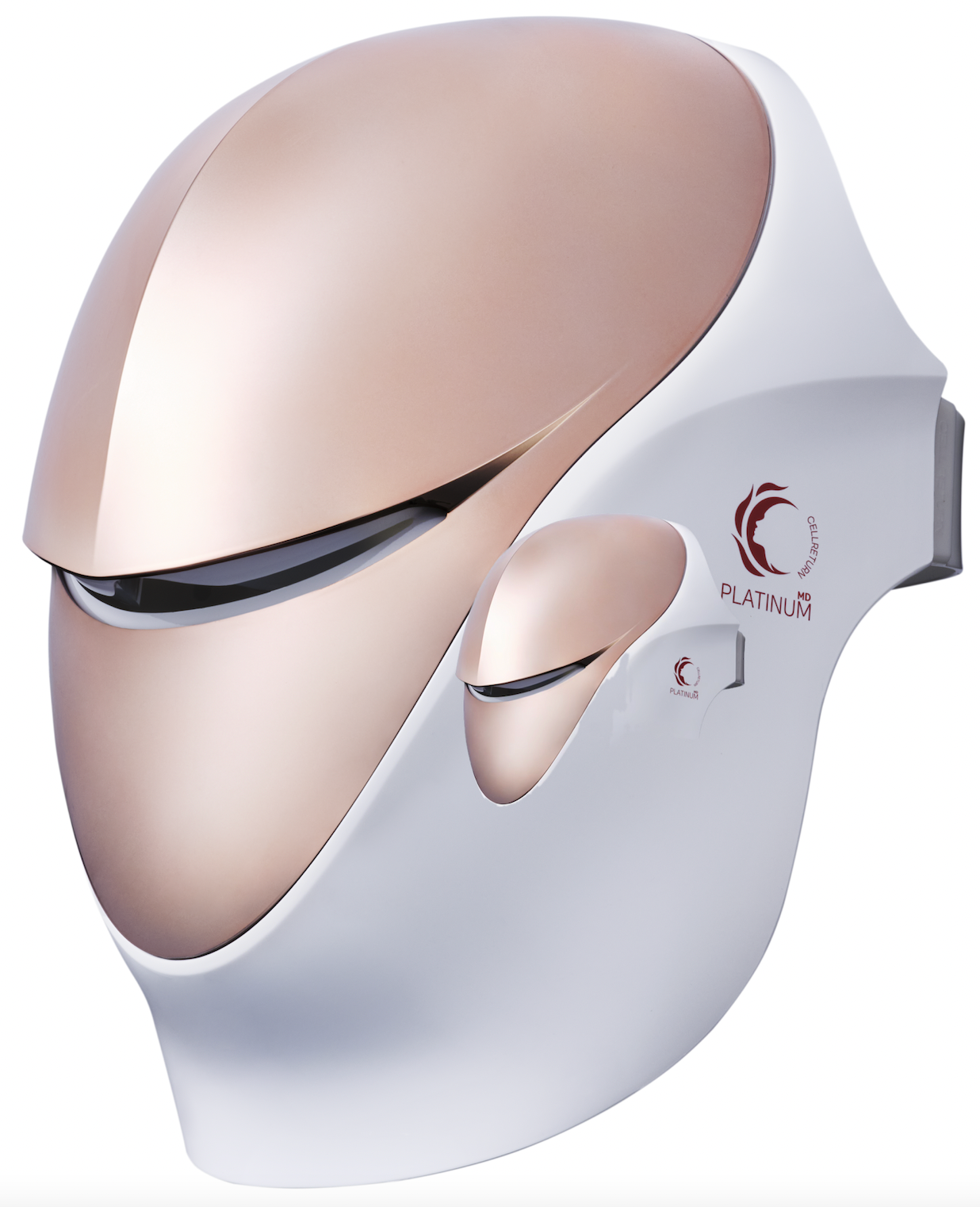 Facial skincare device with rose gold and white design, featuring buttons and handle.