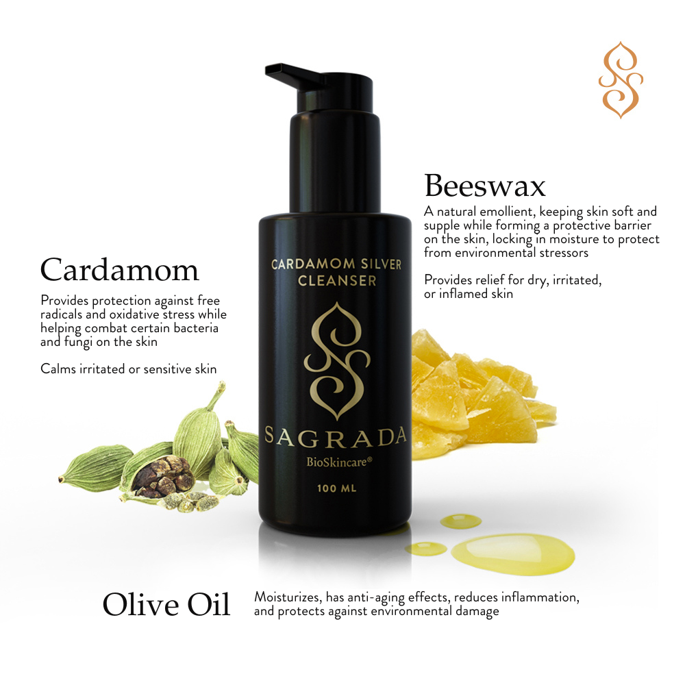 The Sagrada Cardamom Silver Cleanser by Sagrada BioSkincare is pictured with cardamom pods, beeswax, and olives, highlighting skin benefits from cardamom, nourishing beeswax, and antioxidant-rich olive oil for deep purification.