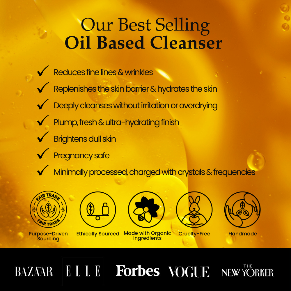 Infographic for Sagrada BioSkincare's best-selling Sagrada Cardamom Silver Cleanser, an oil-based formula with antioxidant-rich olive oil that hydrates, brightens, deep cleanses, reduces wrinkles, is pregnancy-safe, fair trade, organic, cruelty-free & handmade.