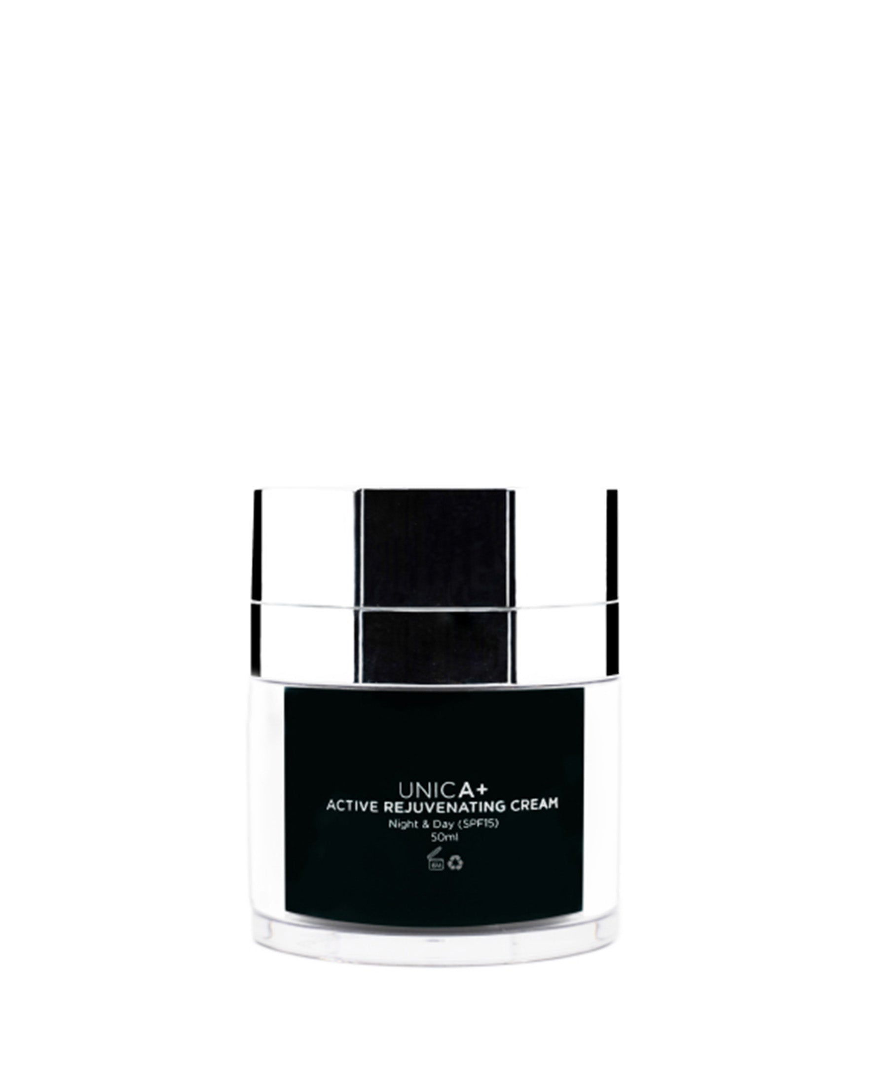 A black and silver jar of Adverto Beauty's UNICA+ Active Rejuvenating SPF15 Anti-Aging Facial Moisturizer for visibly younger, hydrated skin is displayed against a plain white background.