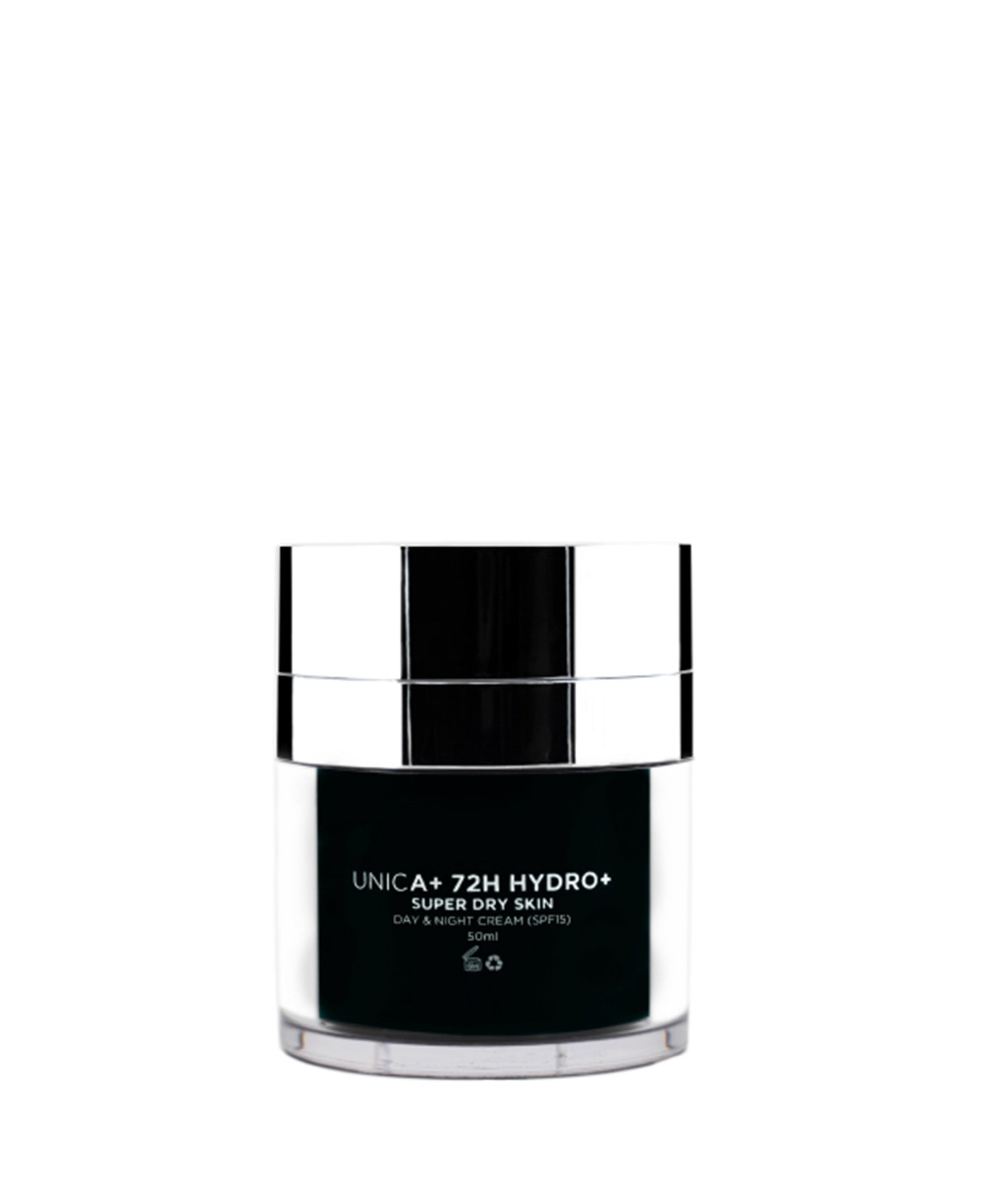 A black and silver Adverto Beauty jar labeled "UNICA+ 72h HYDRO+ SPF15 - Ultra Hydrating Cream For Healthy, Youthful Skin" provides long-lasting moisture, displayed on a white background.