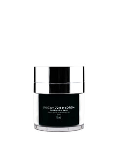 A black and silver Adverto Beauty jar labeled "UNICA+ 72h HYDRO+ SPF15 - Ultra Hydrating Cream For Healthy, Youthful Skin" provides long-lasting moisture, displayed on a white background.