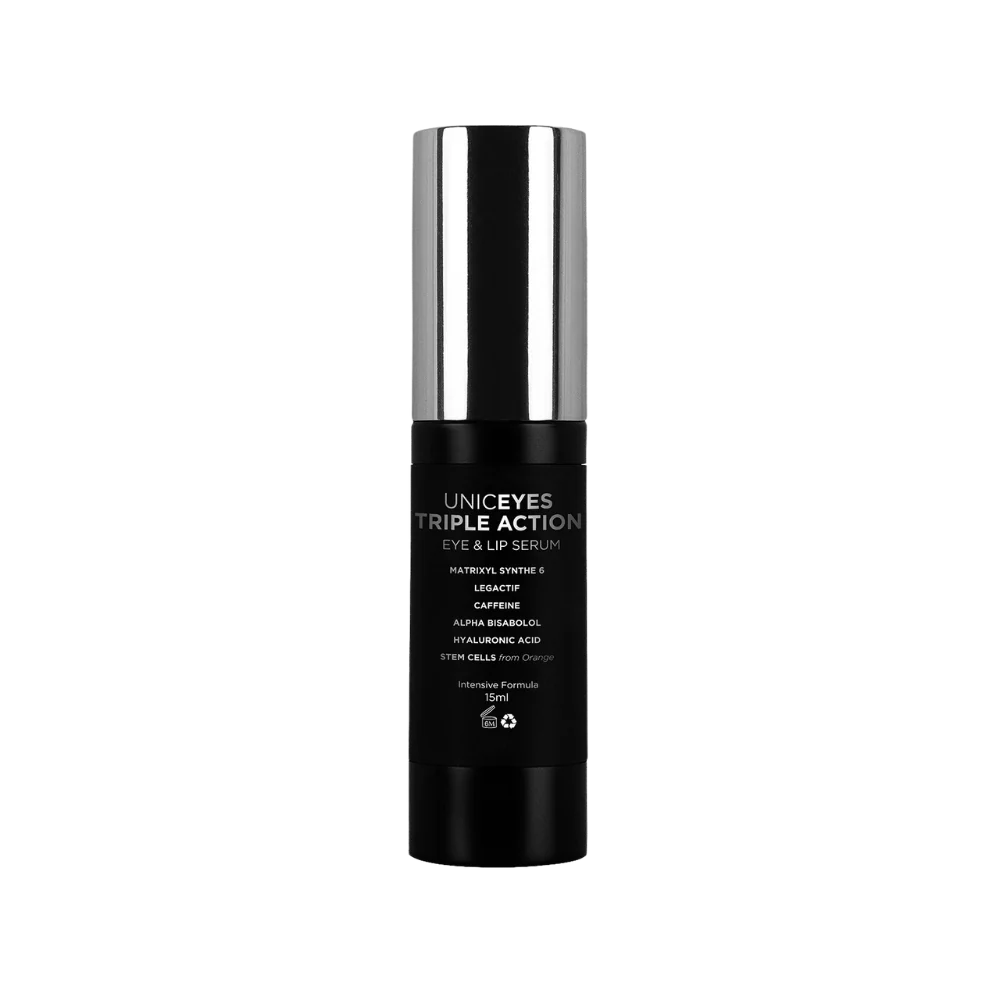 A black cylindrical bottle of Adverto Beauty UNICEYES Triple Action Eye & Lip Contour, with a silver cap and white text, targets wrinkles, dark circles, and puffiness for smoother skin around eyes and lips.