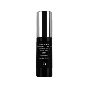A black cylindrical bottle of Adverto Beauty UNICEYES Triple Action Eye & Lip Contour, with a silver cap and white text, targets wrinkles, dark circles, and puffiness for smoother skin around eyes and lips.