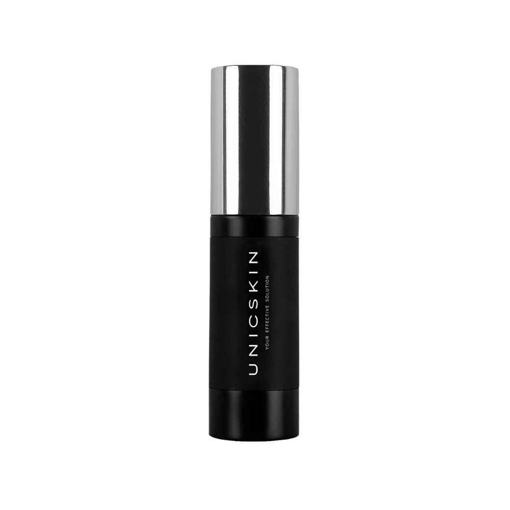 A sleek black cylindrical bottle with a shiny silver cap, labeled "UNICSKIN," stands upright against a plain black background—Adverto Beauty’s UNICEYES Triple Action Eye & Lip Contour for anti-wrinkle, anti-dark circles, and anti-puffiness care.