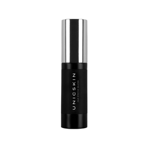 A sleek black cylindrical bottle with a shiny silver cap, labeled "UNICSKIN," stands upright against a plain black background—Adverto Beauty’s UNICEYES Triple Action Eye & Lip Contour for anti-wrinkle, anti-dark circles, and anti-puffiness care.