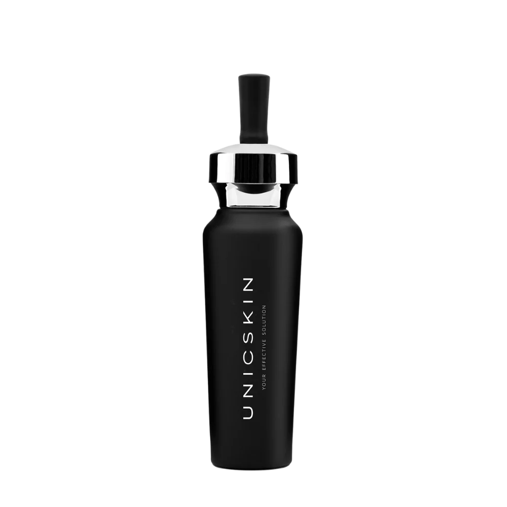 A sleek black dropper bottle with a shiny silver cap, labeled vertically with "UNICSKIN," is shown against a plain white background—ideal for highlighting Adverto Beauty's UNICLIFTING+ Intensive Firming & Tightening Serum.