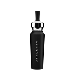 A sleek black dropper bottle labeled "UNICSKIN" stands upright on a clear background, showcasing Adverto Beauty's UNICHYDRO-ACTIVE Intensive Hydrating, Soothing & Anti-Aging Facial Serum for sensitive or dehydrated skin.