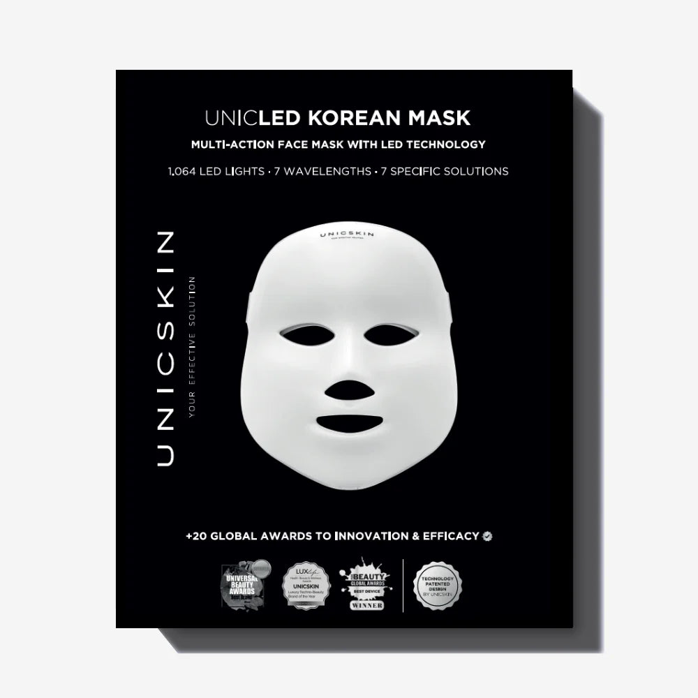 The UNICSKIN UNICLED Korean Mask with advanced LED technology, designed for anti-aging, acne treatment, and skin hydration to enhance skin clarity and radiance.