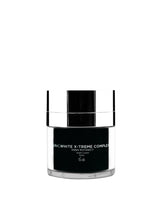 A black and silver jar of Adverto Beauty's UNICWHITE X-TREME Complex Highly Effective Anti Spot Night Facial Depigmenting Cream, featuring a shiny lid, sits against a white background. The minimalist design targets uneven skin tone and dark spots.