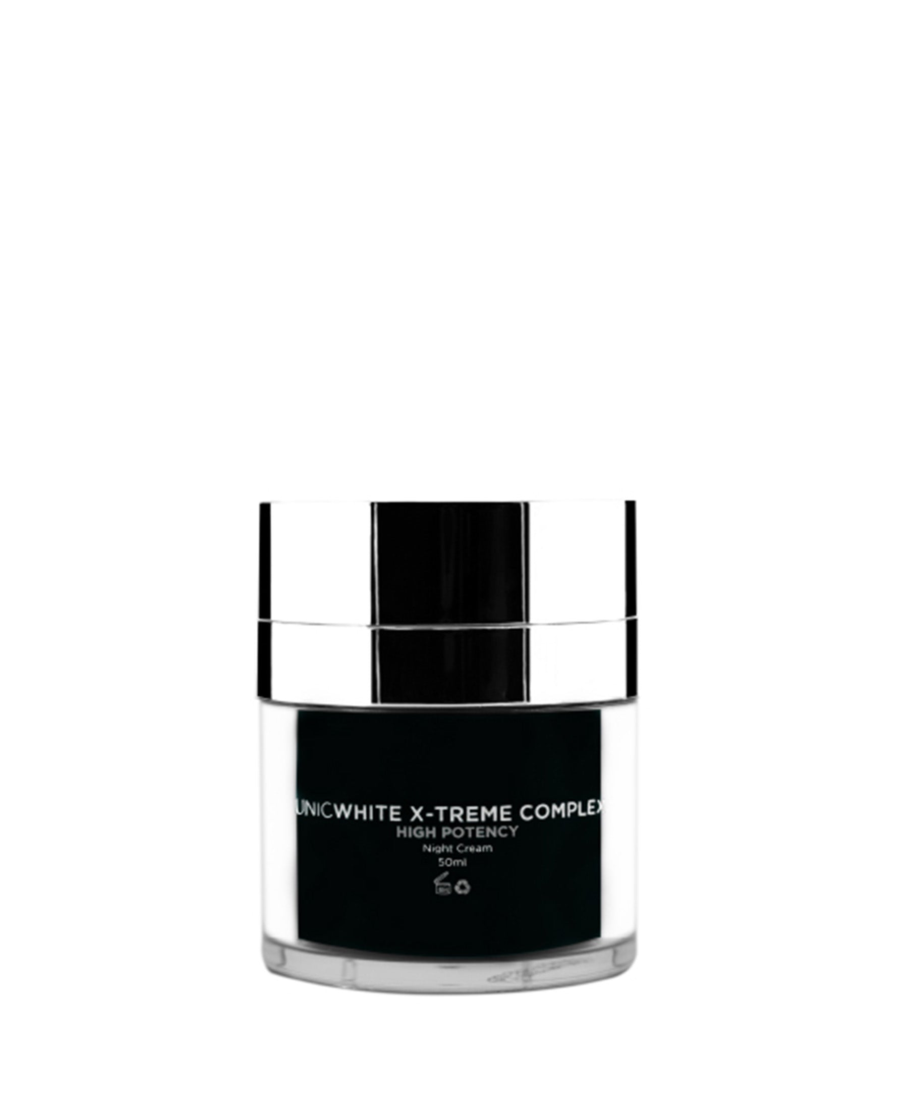 A black and silver jar of Adverto Beauty's UNICWHITE X-TREME Complex Highly Effective Anti Spot Night Facial Depigmenting Cream, featuring a shiny lid, sits against a white background. The minimalist design targets uneven skin tone and dark spots.