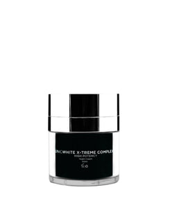 A black and silver jar of Adverto Beauty's UNICWHITE X-TREME Complex Highly Effective Anti Spot Night Facial Depigmenting Cream, featuring a shiny lid, sits against a white background. The minimalist design targets uneven skin tone and dark spots.