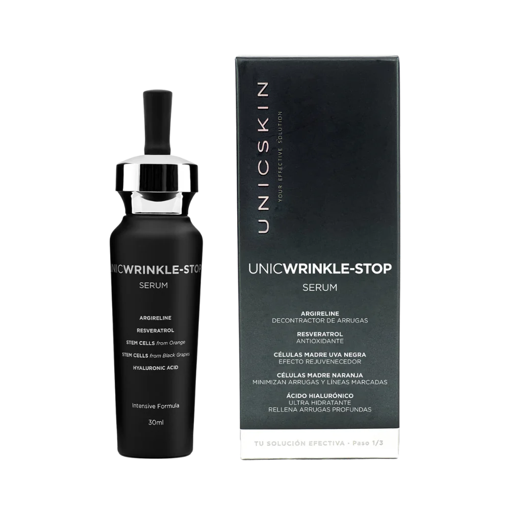 A black bottle and box of UNICWRINKLE STOP Serum by Adverto Beauty, a youth-enhancing wrinkle-filling serum with antioxidants and a natural Botox effect, featuring details in white text for improved skin elasticity.