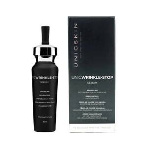 A black bottle and box of UNICWRINKLE STOP Serum by Adverto Beauty, a youth-enhancing wrinkle-filling serum with antioxidants and a natural Botox effect, featuring details in white text for improved skin elasticity.
